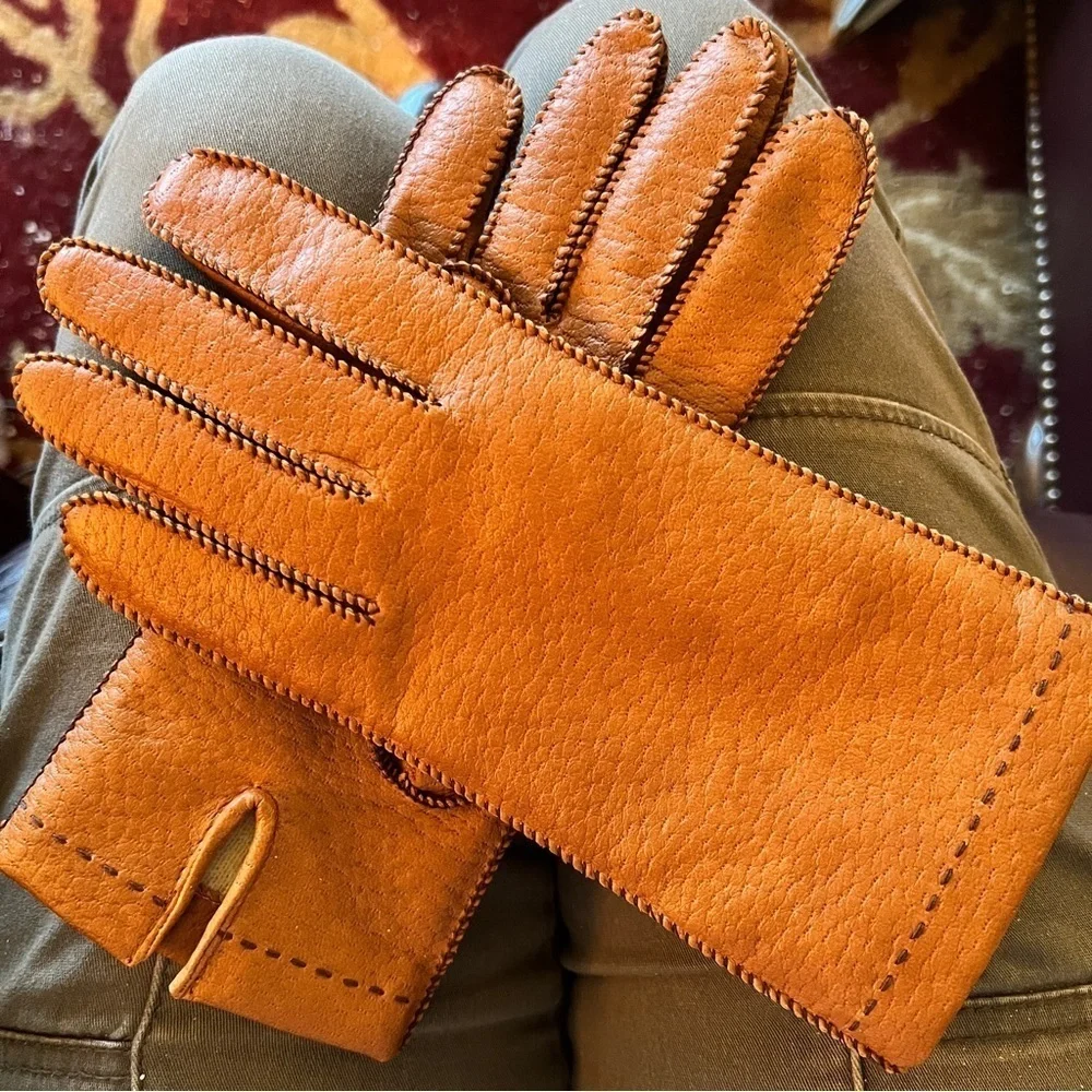 Women’s Tan Black Vegan Lined Gloves Textile Pinky Fourchette Size: S/M